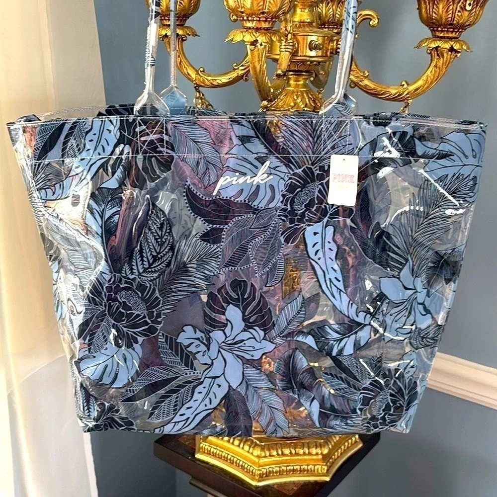 Brand New Pink Victoria’s Secret Blue Tropical Palm Clear Beach Tote Waterproof